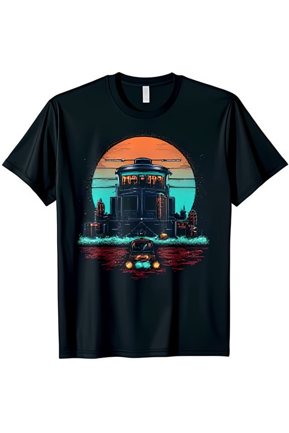 Retro 8 Bit Futuristic Cityscape Black T-Shirt with Sunset & 11:59 Graphic
