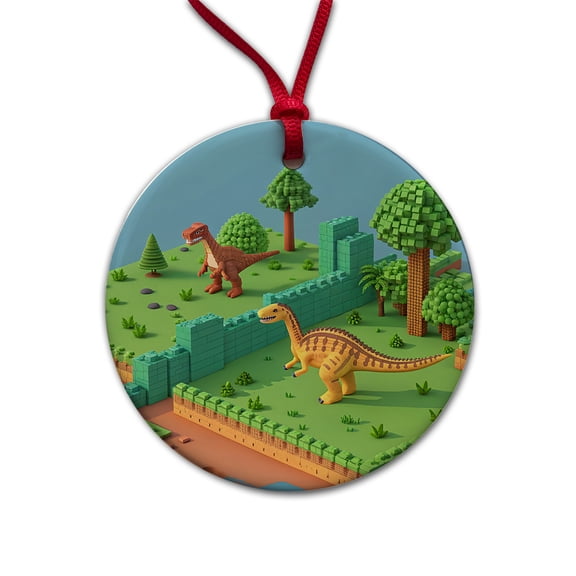 Retro 8 Bit Pixel Art Style Dinosaurs Christmas Tree Holiday Round Ceramic Ornament