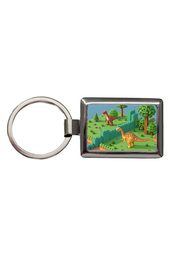 Retro 8 Bit Pixel Art Style Dinosaurs Metal Rectangle Keychain