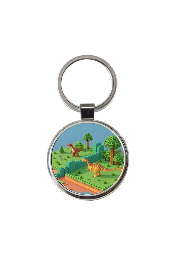 Retro 8 Bit Pixel Art Style Dinosaurs Metal Round Keychain
