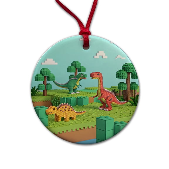 Retro 8 Bit Pixel Art Style Dinosaurs Roaming Christmas Tree Holiday Round Ceramic Ornament