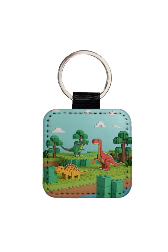 Retro 8 Bit Pixel Art Style Dinosaurs Roaming Faux Leather Square Keychain