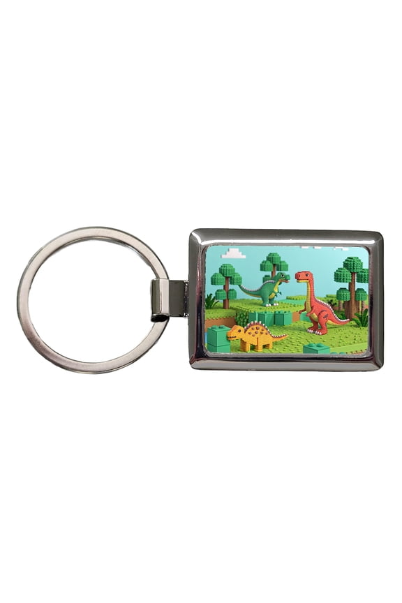 Retro 8 Bit Pixel Art Style Dinosaurs Roaming Metal Rectangle Keychain
