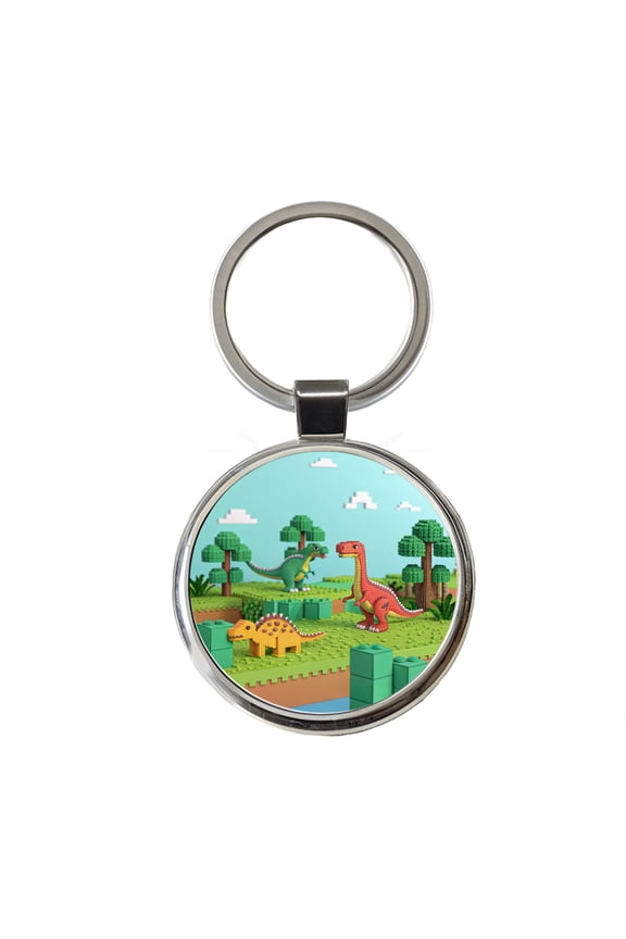 Retro 8 Bit Pixel Art Style Dinosaurs Roaming Metal Round Keychain