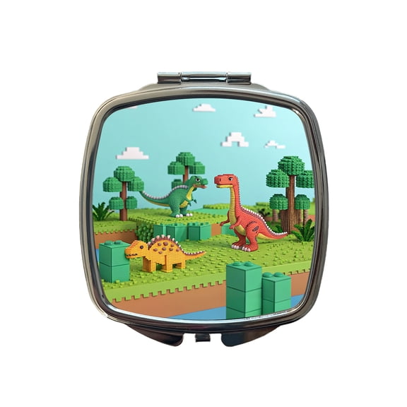 Retro 8 Bit Pixel Art Style Dinosaurs Roaming Travel Makeup Handbag Purse Small Pocket Compact Mirror