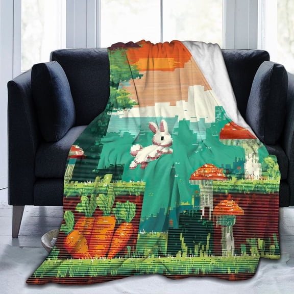 Retro 8-Bit Pixel Bunny Throw Blanket, Arcade Video Game Flannel Fleece for Home & Gamer Gift 50x40