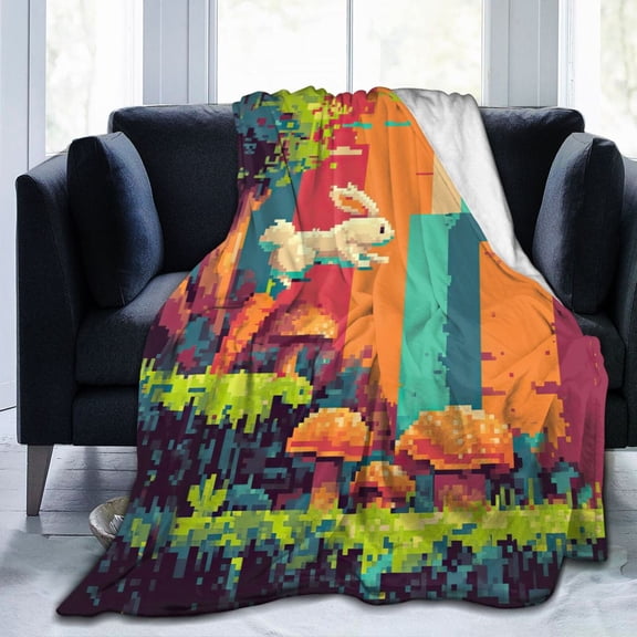 Retro 8-Bit Pixel Bunny Throw Blanket, Arcade Video Game Flannel Fleece for Home & Gamer Gift 50x40