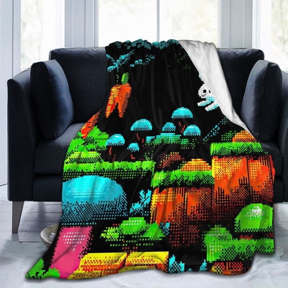 Retro 8-Bit Pixel Bunny Throw Blanket, Arcade Video Game Flannel Fleece for Home & Gamer Gift 60x50