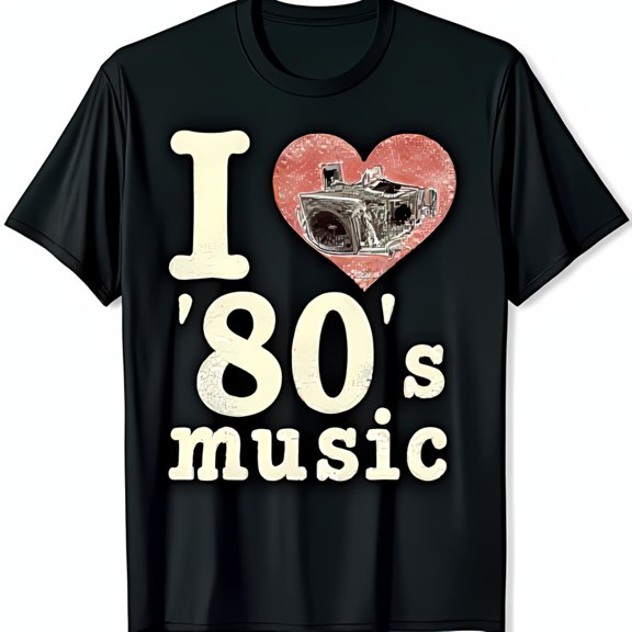 Retro 80 Music Heart Boombox Graphic Black T-Shirt for Music Lovers