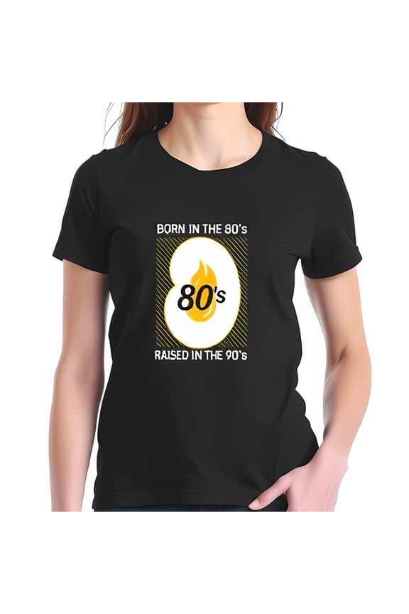 Retro 80's Graphic Cotton Short Sleeve T-Shirt - 'BORN IN THE 80's' & 'RAISED IN THE 90's' with Flame Design