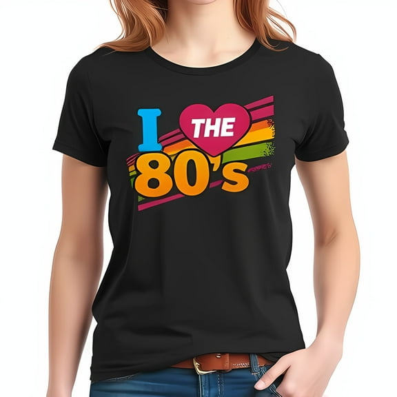 Retro 80's Graphic Cotton Short Sleeve T-Shirt - " I Love THE 80's " Colorful Design with Striped Background