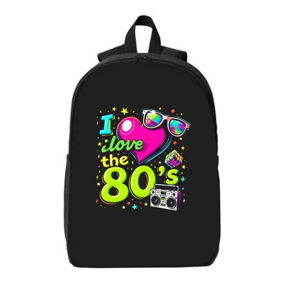 Retro 80 ' s Laptop Backpack - Colorful ' I Love the 80 ' s ' Design with Heart Sunglasses & Boombox - Fits 15 Laptop & iPad "