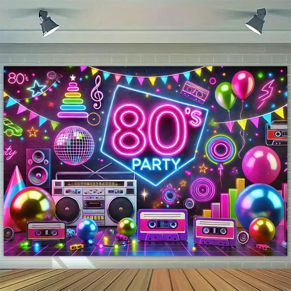 Retro 80's Party Backdrop Back to 80's Photography Background with Neon 80's PARTY Disco Hip Hop Retro 80's Theme Birthday Party Accessories Banner