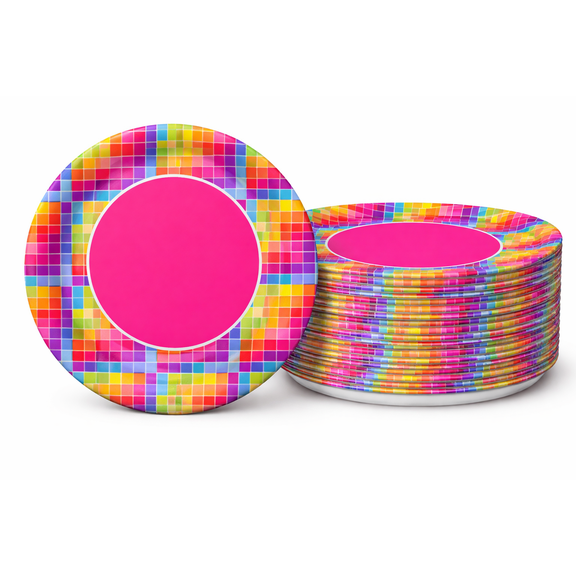 Retro 80's Pixel Rainbow Party 9" Paper Dinner Plates  64 Count
