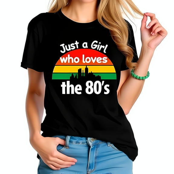Retro 80's Sunset Graphic T-Shirt for Women - 'Just a Girl who loves the 80's' - Cotton Short Sleeve Tee with Cityscape Design