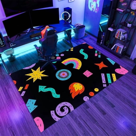 Retro 80S 90S Funky Area Rug Colorful Funky Doodle Cartoon Drawing Rugs Non Slip Non Shedding Print Floor Carpet for Living Room Bedroom Study Office Entrance Foyer 2 x 3ft