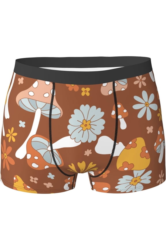 Retro 80S 90S Mens Breathable Boxer Briefs, Ultra Soft Sweat-Absorbent Boxer Shorts Underwear, Retro 70S 60S Brown Mushrooms