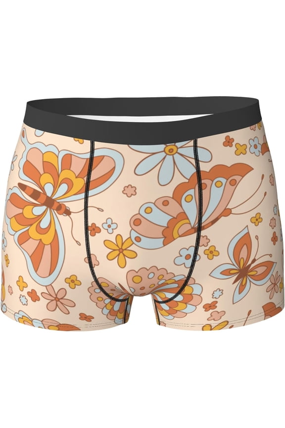 Retro 80S 90S Mens Breathable Boxer Briefs, Ultra Soft Sweat-Absorbent Boxer Shorts Underwear, Retro 70S 60S Butterfly