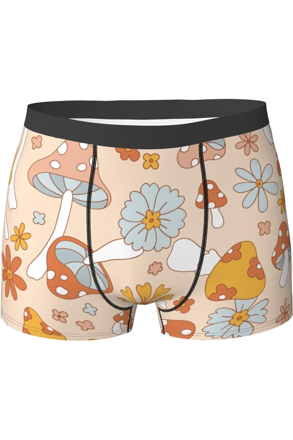 Retro 80S 90S Mens Breathable Boxer Briefs, Ultra Soft Sweat-Absorbent Boxer Shorts Underwear, Retro 70S 60S Mushrooms