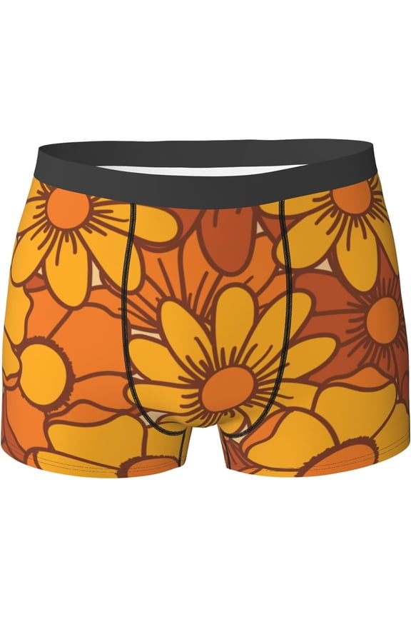 Retro 80S 90S Mens Breathable Boxer Briefs, Ultra Soft Sweat-Absorbent Boxer Shorts Underwear, Retro 70S Orange Floral