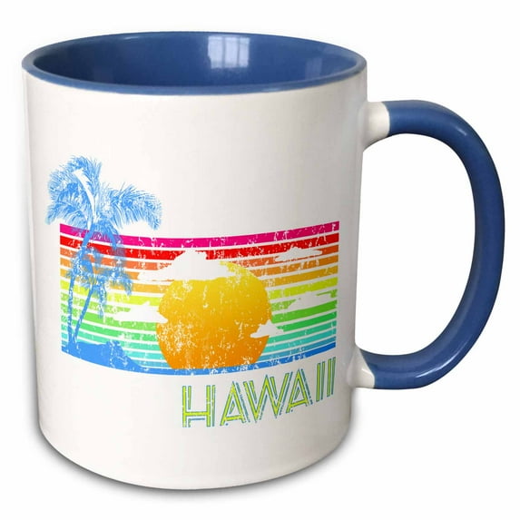 3drose, Retro 80s Style Colorful Hawaii Design of a Beach Sunset., 11oz Two-tone Blue Mug