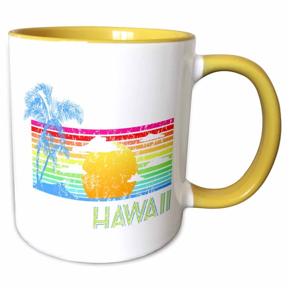 3drose, Retro 80s Style Colorful Hawaii Design of a Beach Sunset., 11oz Two-tone Yellow Mug