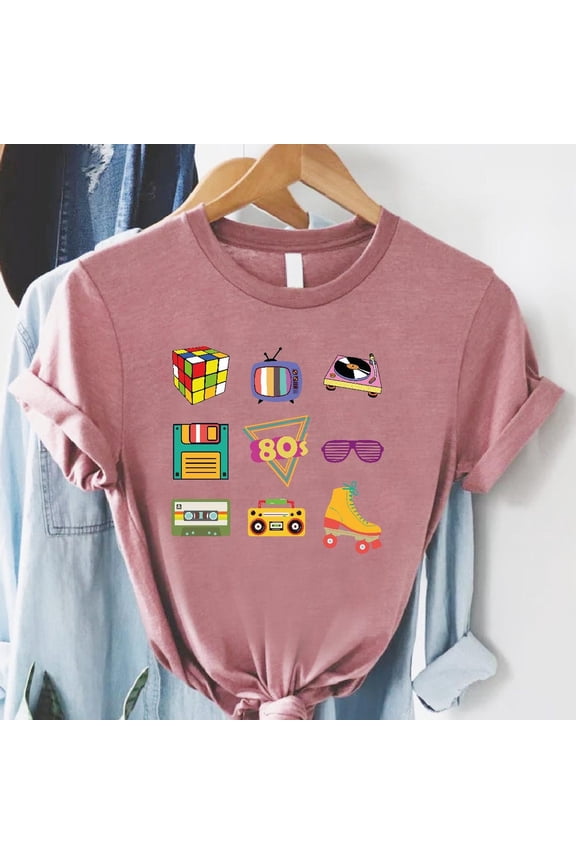 Retro 80S Style Shirt With Classic Icons,Colorful Nostalgic Tee Featuring Boombox,Floppy Disk,Skates And Sunglasses,Perfect 80S TSHIRT All Size S-5XL