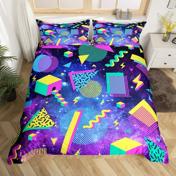 Retro 80s 90s Abstract Geometric Duvet Cover Urban Modern Circles and Triangle Colorful Pop Art Inspired Mens Hipster Room r