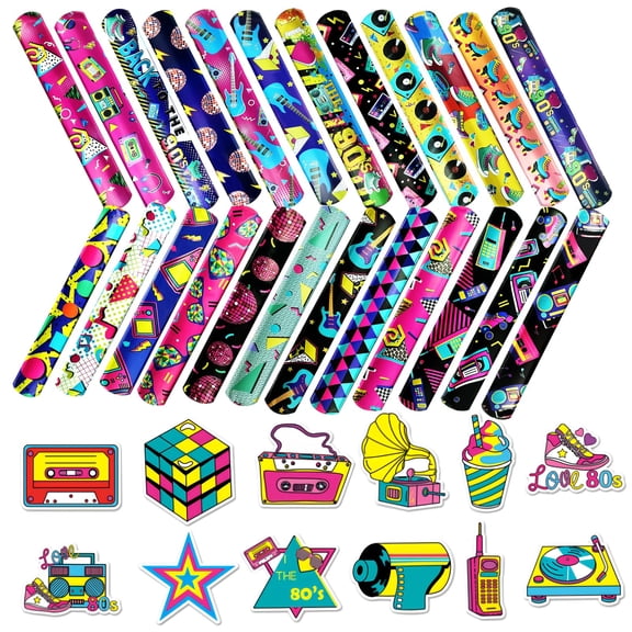 Retro 80s 90s Party Favors Set 24 Slap Bracelets 50 Stickers 74 PCS