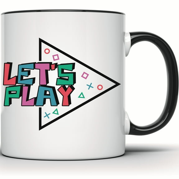 Retro 80s 90s Let's Play Mug | Video Gamer Gift | Graphic Design | Geeky Gamer Mug | Gift for Him | Gift for Her | Gaming Coffee Cup - 11 Ounce Black Rim Handle Novelty Coffee Cup - WMUG1347-BLK