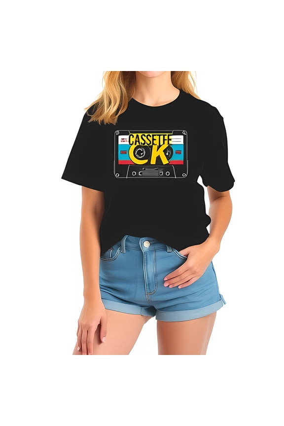 Retro 80s 90s Style Cotton Short Sleeve T-Shirt with Bold Yellow Cassette Tape Graphic " " - Casual Vintage Music Tee