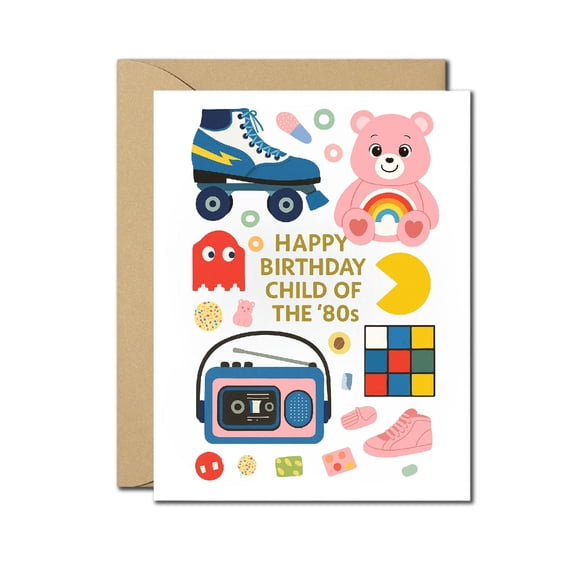 Retro 80s Birthday Card  Child of the '80s Nostalgia  Fun Vintage Icons (Roller Skates, Boombox, Pac-Man)  Blank Inside, Envelope Included  Funny Greeting for Friends, Family, Coworkers