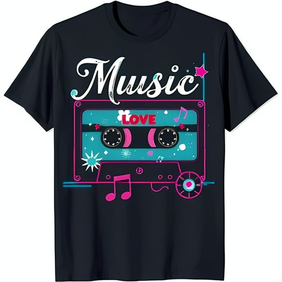 Retro 80s Black T-Shirt with Colorful Cassette Tape Design 'Love' & 'Music' Print