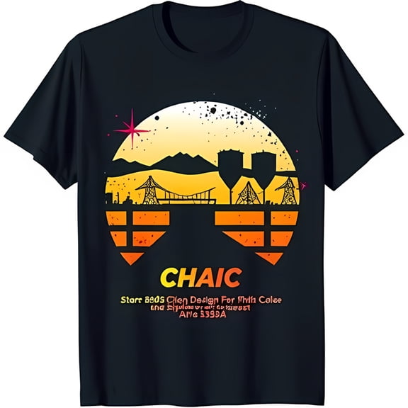 Retro 80s Black T-Shirt with Sunset City Graphic & Bold 'CHAIC' Text