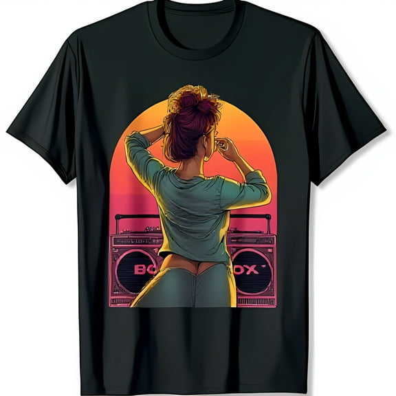 Retro 80s Black T-Shirt with Vibrant Sunset Graphic & Boombox Design