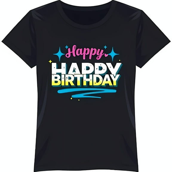 Retro 80s 'Happy Birthday' Graphic Black T-Shirt for Fun Celebrations
