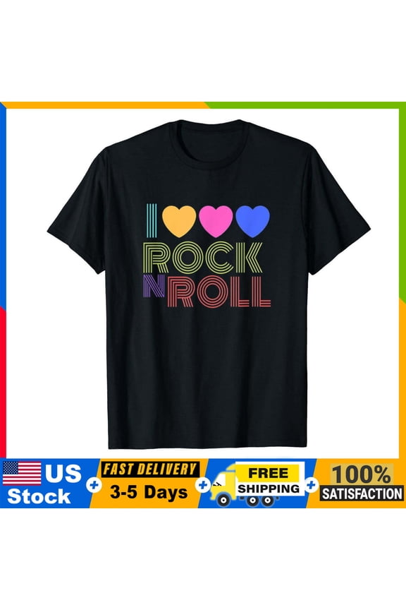 Retro 80s Hearts I Love Rock N Roll Music For Fans Young T-Shirt S-3XL Freeship