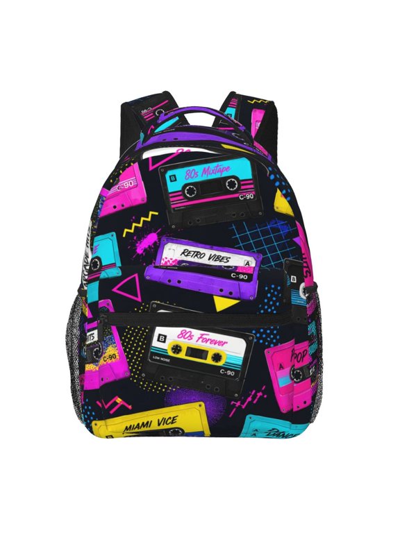 Retro 80s Music Tape Art Backpack Casual College Bag Zipper Laptop Daypack Hiking Rucksack Travel