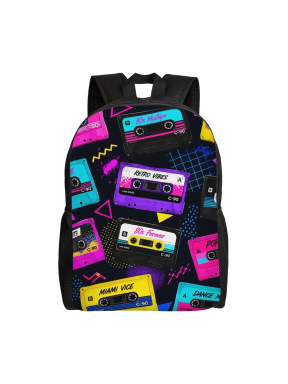 Retro 80s Music Tape Art Laptop Backpack, Padded 15.6 Inch Computer Compartment, Casual Travel Work Daypack