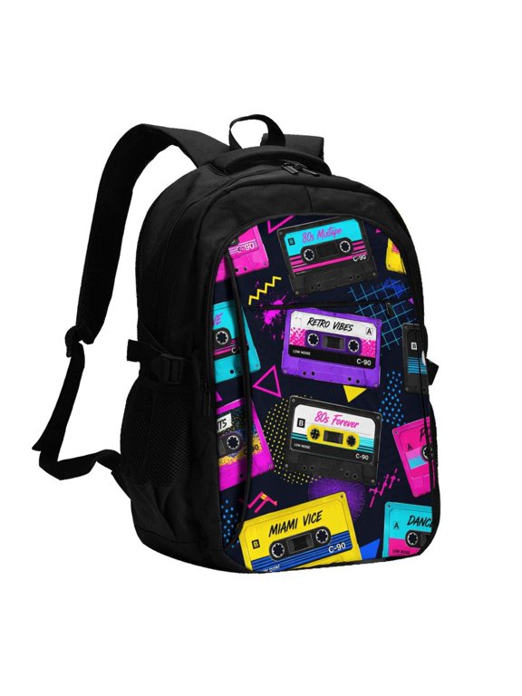 Retro 80s Music Tape Art Laptop Backpack with USB Charging Headphone Port Casual Daypack Bag College Business Travel