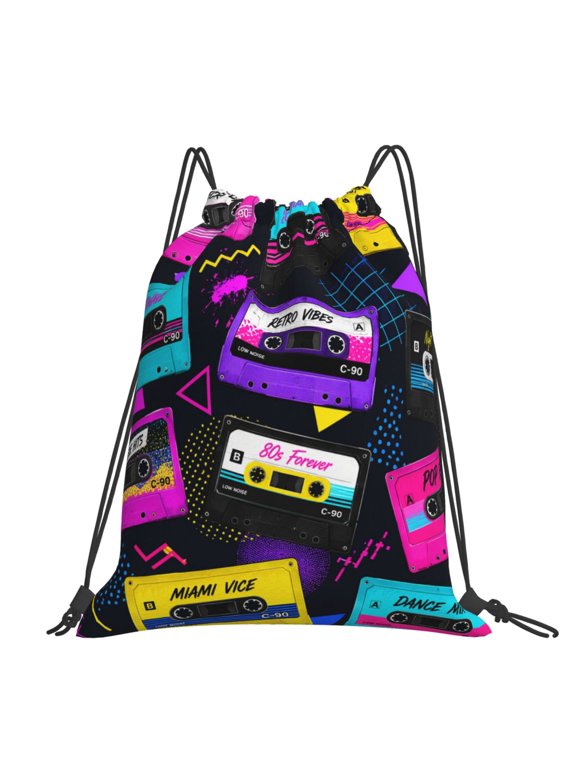 Retro 80s Music Tape Art Large Drawstring Backpack Casual Cinch Sack Bag Backpack for Sports Hiking Travel Gym