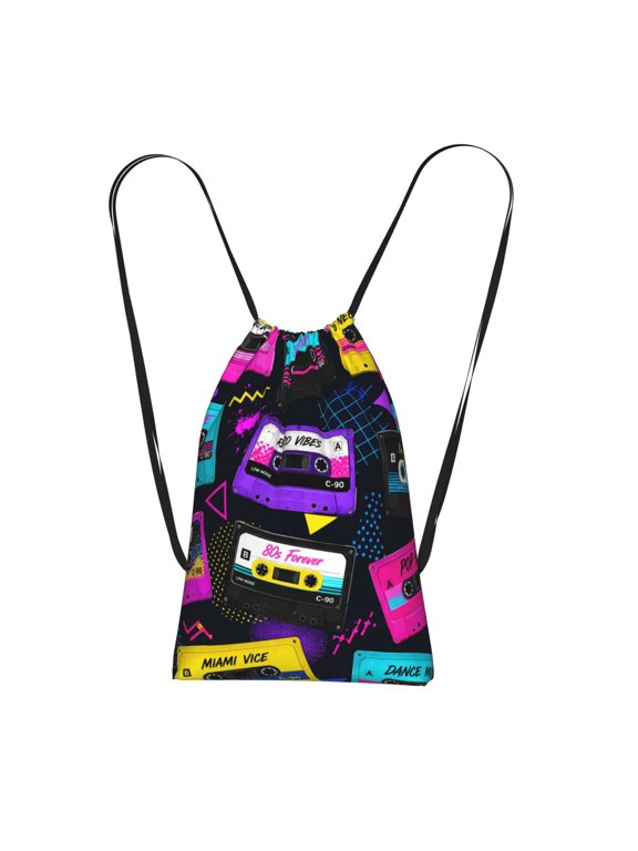 Retro 80s Music Tape Art Packable Drawstring Backpack, Lightweight Foldable Cinch Storage Bag for Gym Travel Shopping