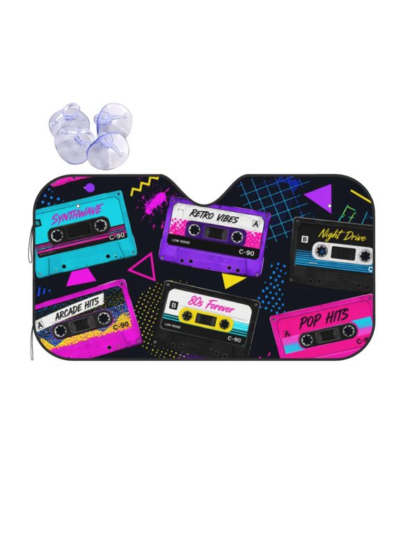 Retro 80s Music Tape Art Reflective Car Windshield Sunshade, UV Ray Reflector Sun Visor Universal Fit for SUVs, Trucks, Sedans,M