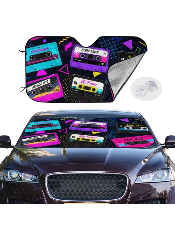 Retro 80s Music Tape Art Windshield Sunshade Sun Shade Front Window Car Sun Visor Protector for Truck SUV Blocks UV Ray,S