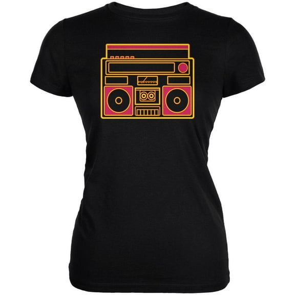 Retro 80s Neon Sign Boombox Juniors Soft T Shirt Black LG