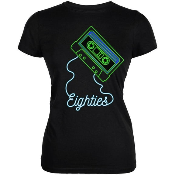 Retro 80s Neon Sign Cassette Tape Eighties Juniors Soft T Shirt Black MD