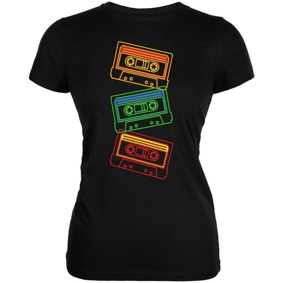 Retro 80s Neon Sign Cassette Tape Stacked Juniors Soft T Shirt Black X-LG