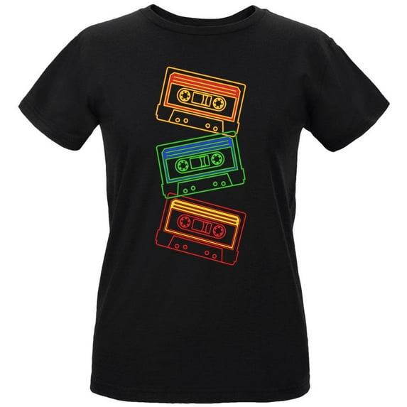 Retro 80s Neon Sign Cassette Tape Stacked Womens T Shirt Black 2XL