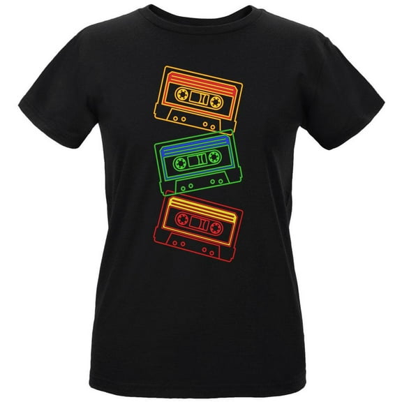 Retro 80s Neon Sign Cassette Tape Stacked Womens T Shirt Black X-LG