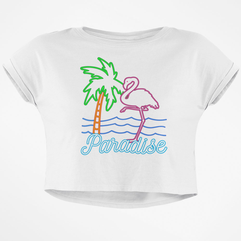 Retro 80s Neon Sign Flamingo Paradise Junior Boxy Crop Top T Shirt - image 1 of 1